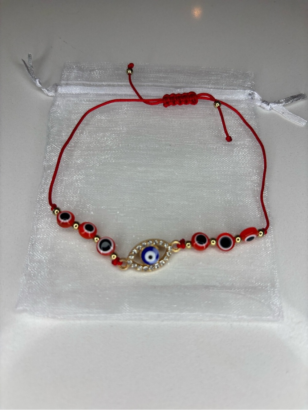 Red Evil Eye Beaded Bracelet - Gold Accent
